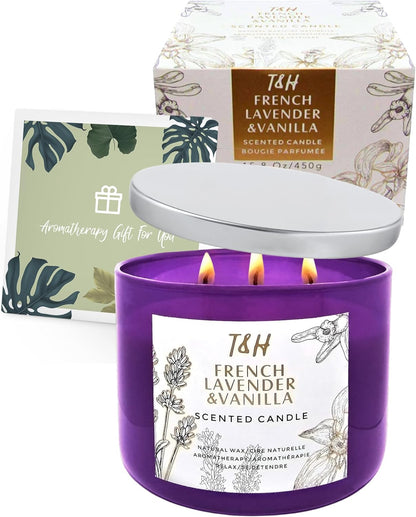 Lavender Vanilla Aromatherapy Candle 3 Wick | Scented Candles for Home | 15.8 oz Large Soy Candle | Relaxing Candles with Long Lasting Fragrance | Decorative Candle Gift for Women