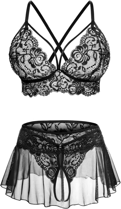 Sexy Lingerie for Women Naughty 3 Piece Lace Bralette, Mini Skirt with G-String Crotchless Lingerie Outfits
