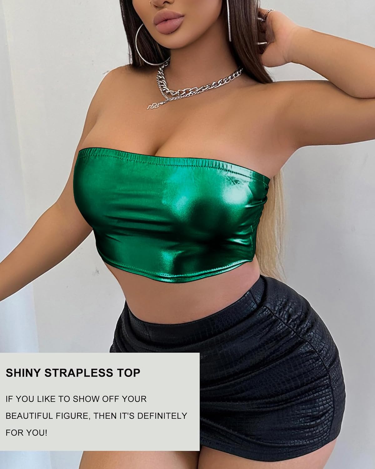 Women's Metallic Shiny Tube Top - Strapless Party Crop Top for Rave, Festival & Night Out