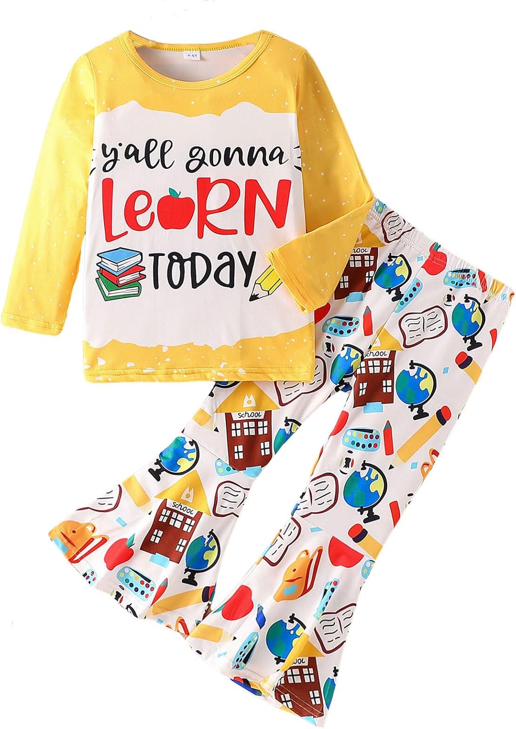 Toddler Girl Clothes Long Sleeve Cartoon & Letter Graphic Top + Fruit Stationery Print Flared Leg Pants