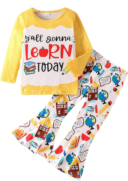 Toddler Girl Clothes Long Sleeve Cartoon & Letter Graphic Top + Fruit Stationery Print Flared Leg Pants