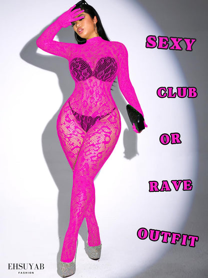 Sexy Lace Leopard Jumpsuit For Women, Fishnet Bodysuit Glow Party Club, Poster One Piece Mesh Full Body Rave Outfits