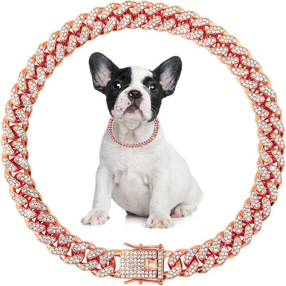 Bling Dog Collars for Small Dogs,Dog Chain Collars, Diamond Necklace Metal Choke Cuban Link Dog Collar, 13mm Wide Pet Jewelry for Puppy Small Medium Large Dogs Cats Rose Gold (8inch)