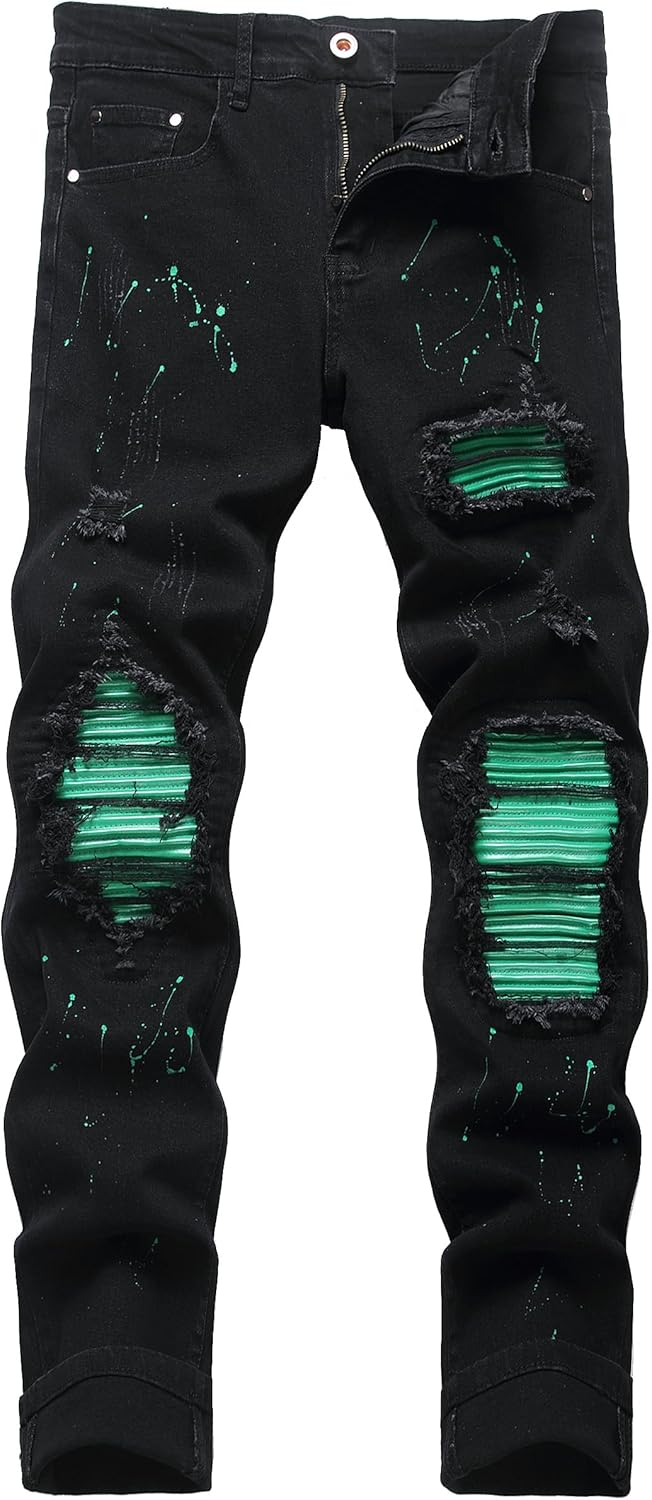 OIIIO Men's Patch Ripped Stretch Regular Fit Jean