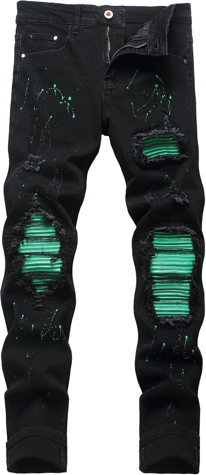 OIIIO Men's Patch Ripped Stretch Regular Fit Jean