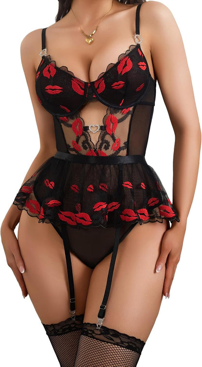 Women Lingerie Set Naughty Lace Bodysuit High Waisted Underwire Lingerie Babydoll With Garter Belt and Stockings