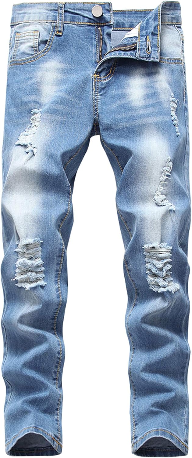 Boy's Skinny Fit Ripped Destroyed Distressed Stretch Slim Jeans Pants