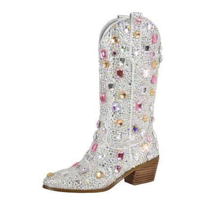 Richealnana Sparkly Rhinestones Cowboy Cowgirl Style Boots Calf High Boots for Women 2INCH Heeled Shining Pull On Tabs