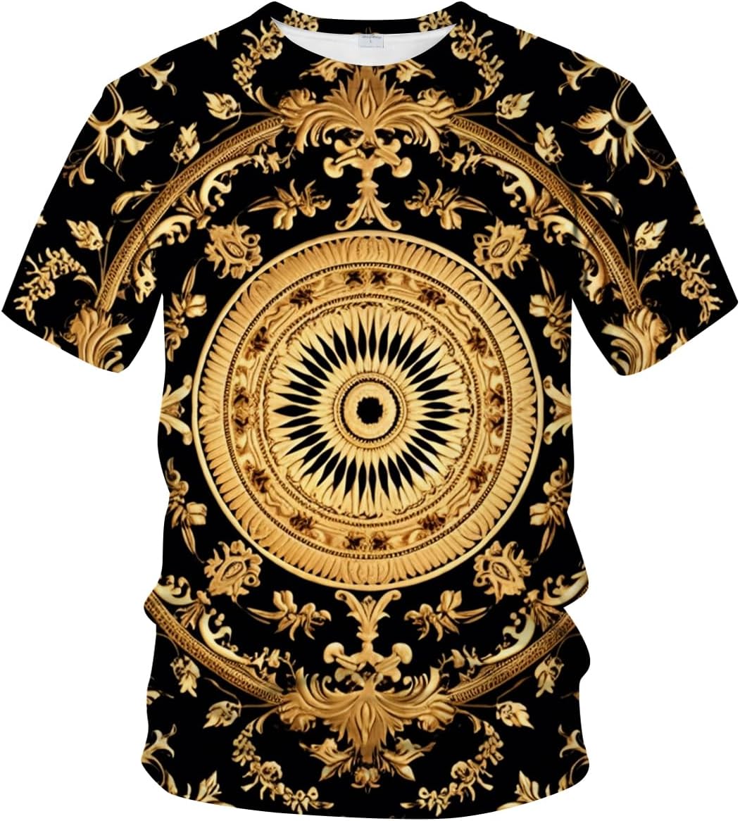 LAOLIUSN Men's Gold Shiny Printed T-Shirt - Golden Ornate Theme, Floral Graphic Tee Shirt