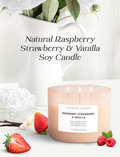 Raspberry Strawberry Vanilla 3 Wick Scented Candle | Large Soy Candles for Home 15.8 oz | Long Lasting Aromatherapy Candle Gift | Refreshing Berry Scented Candles | Relaxing Candle for Women & Men