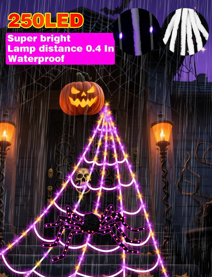 Spider Webs Halloween Decorations Lights - 250 LEDs Outdoor Halloween String Lights with 60" Light Up Spider,8 Modes Remote Control 16.4Ft Spiderweb,Waterproof (Orange+Purple)