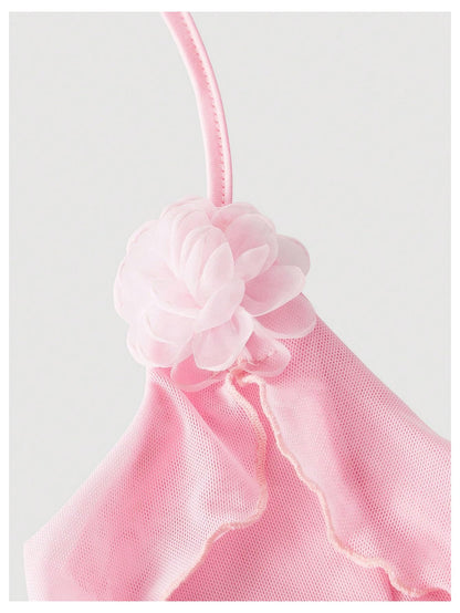 WDIRARA Women's 3D Flower Tie Front Ruffle Trim Halter Top Tie Backless Camisole