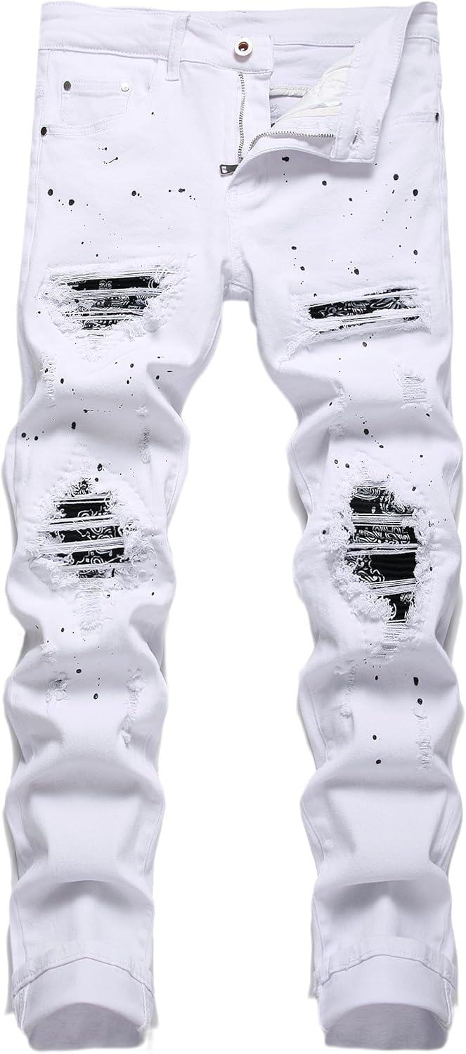 OIIIO Men's Patch Ripped Stretch Regular Fit Jean