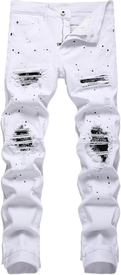 OIIIO Men's Patch Ripped Stretch Regular Fit Jean