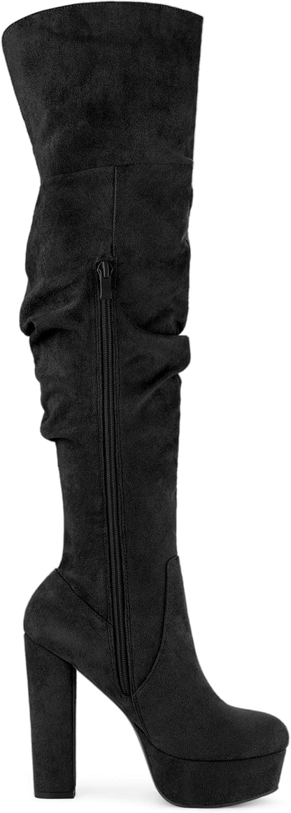 Allegra K Women's Platform Round Toe Zipper Slouch Heel Over the Knee Thigh High Boots