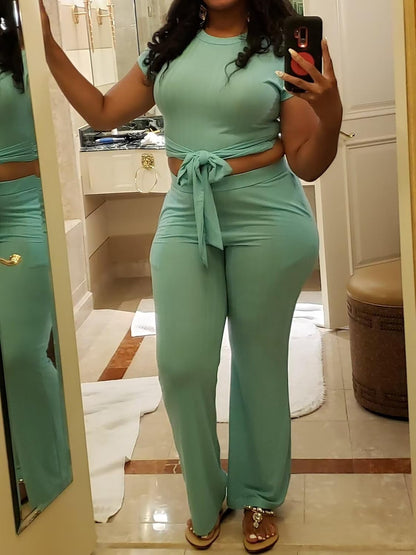 EDITCOZY Women 2 Piece Outfits Sexy Tie Front Crop Top Wide Leg Pants Sets Casual Summer Ribbed Two Piece Set