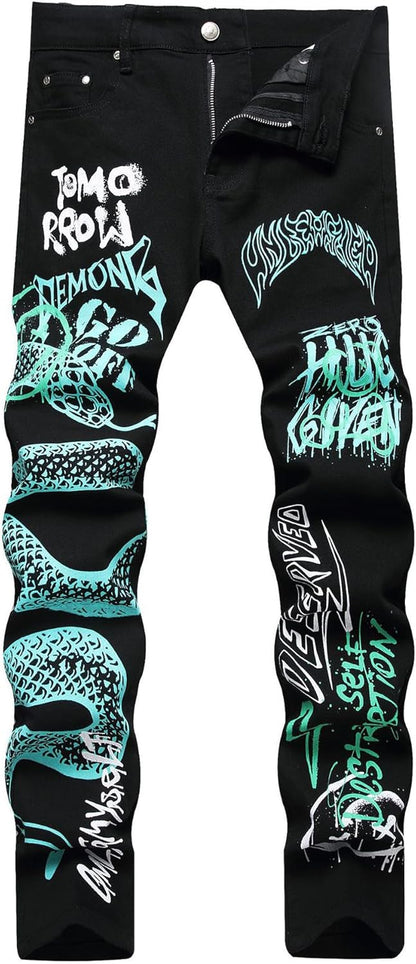 Baylvn Men's Casual Printed Slim Fit Jeans Skinny Denim Pants