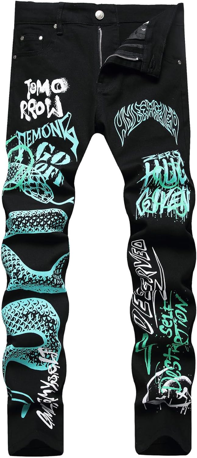 Baylvn Men's Casual Printed Slim Fit Jeans Skinny Denim Pants