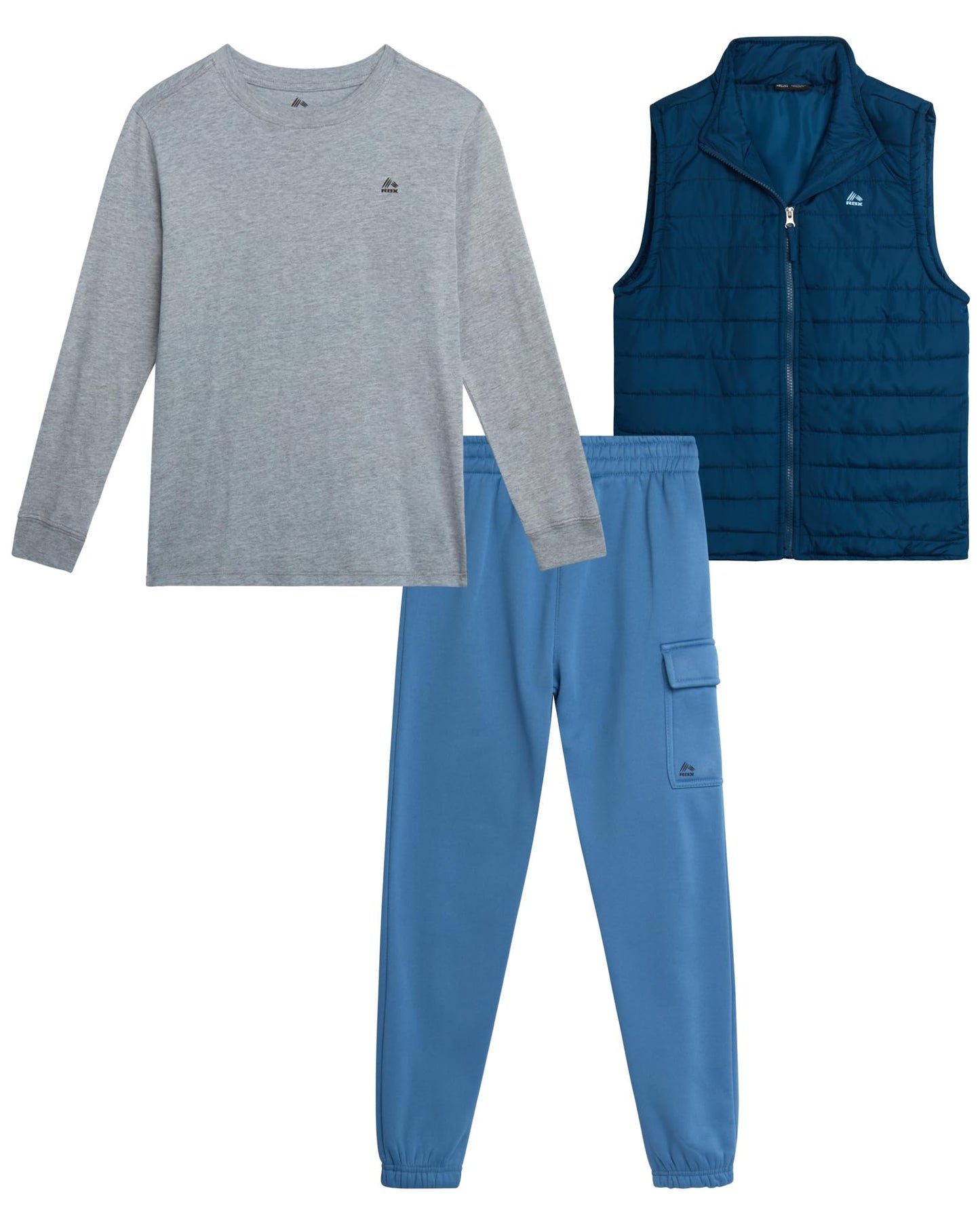 RBX Boys Pants Set - 3 Piece Zip Up Puffer Vest, Crew Neck Long Sleeve T Shirt and Fleece Joggers for Boys (Sizes: 4-12)