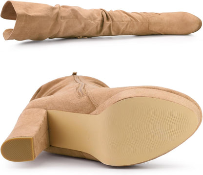 Allegra K Women's Platform Round Toe Zipper Slouch Heel Over the Knee Thigh High Boots