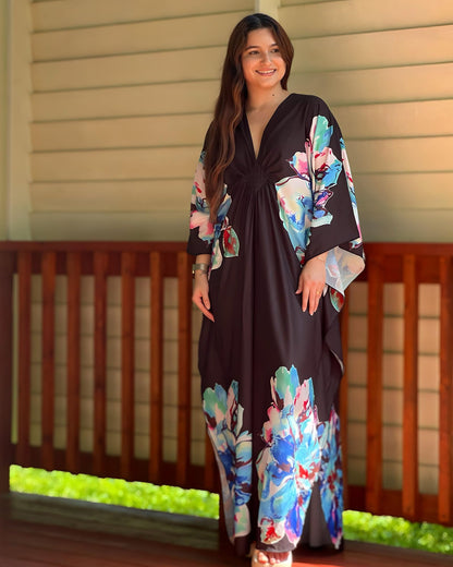 Bsubseach Women Ethnic Print Kaftan Beach Dress Plus Size Swimsuit Cover Up