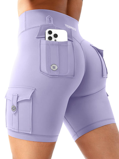 YEOREO CoreFlex Women Workout Biker Shorts with Cargo Pockets Hidden Scrunch High Waisted 8" Inseam Gym Shorts