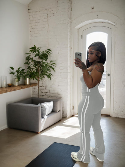 HBQ Women Two Piece Outfits Strapless Crop Top and Flare Pants Casual Stripe Lounge Sets Tracksuits