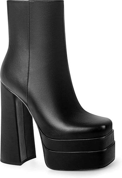 ANN CREEK Women's Double Platform Ankle Boots Chunky Heel Booties Side Zipper Square Toe High Heel Casual Boots