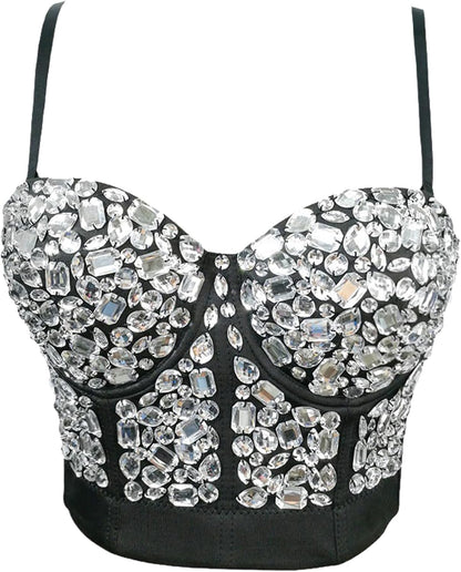 Women's Handmade Rhinestone Diamond Push up Bustier Crop Top Punk Corset Bra Vest