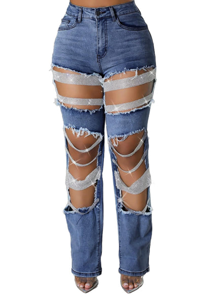 Womens Sexy Ripped Jeans High Waisted Rhinestones Pearl Chains Distressed Baggy Jeans Party Clubwear Denim Pants