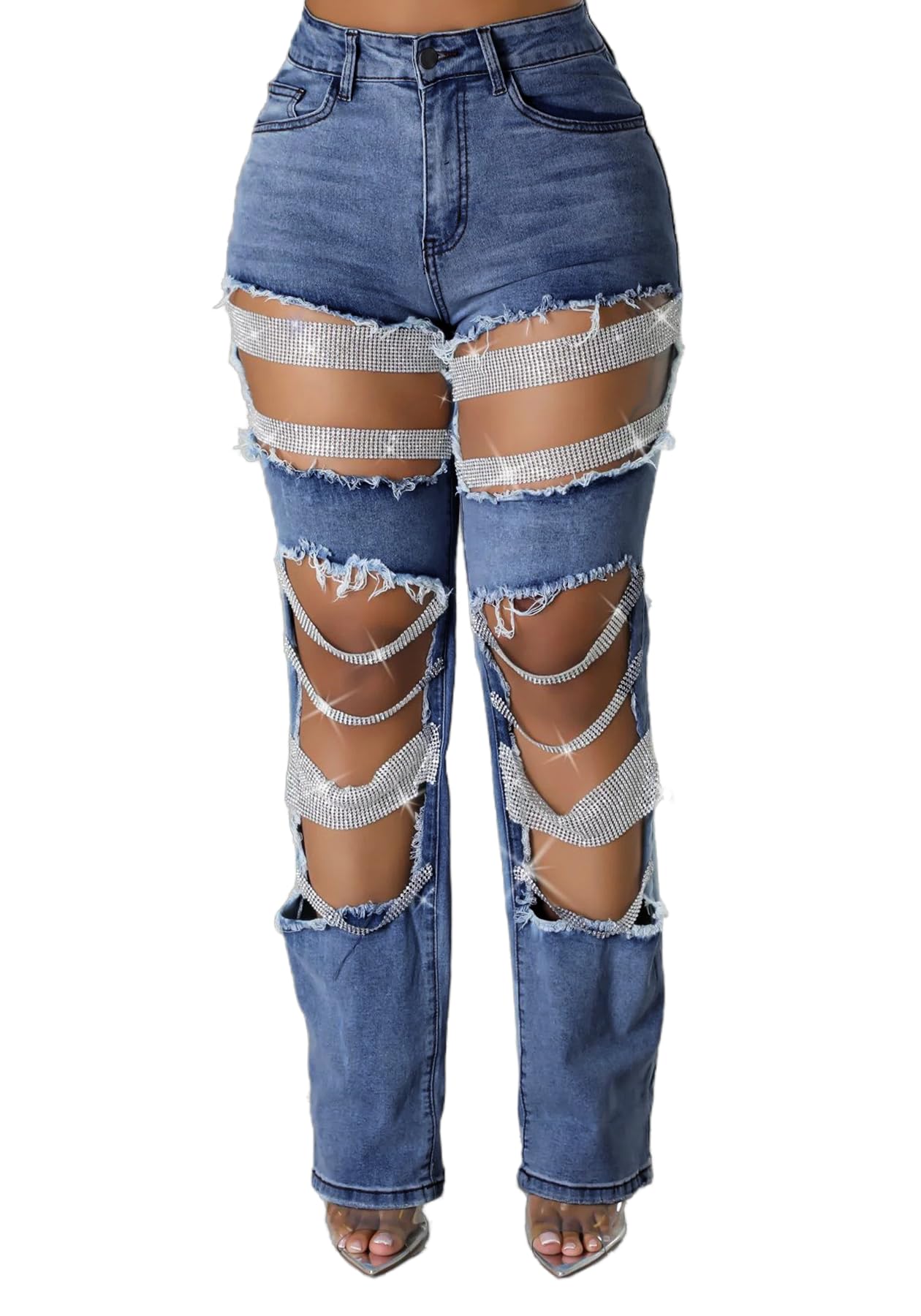 Womens Sexy Ripped Jeans High Waisted Rhinestones Pearl Chains Distressed Baggy Jeans Party Clubwear Denim Pants