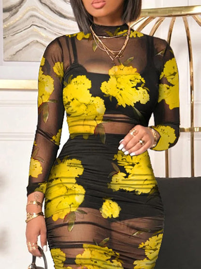 Women Sexy See Through Mesh Long Sleeve Ruched Midi Dresses Crop Top Bodycon Skirt 3 Piece Outfits Set Clubwear