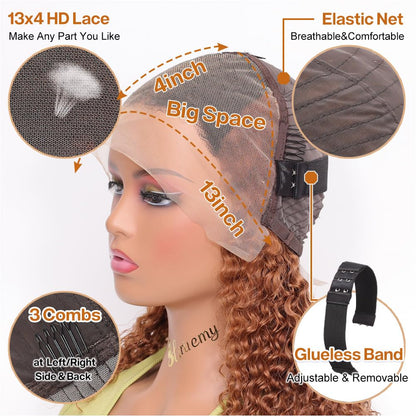 Curly Bob Wig Human Hair Deep Wave 13x4 HD Lace Front Wigs For Black Women Human Hair Pre Plucked Wear And Go Glueless Short Wet And Wavy Ombre Honey Blonde Highlight Color 4/27 14 Inch