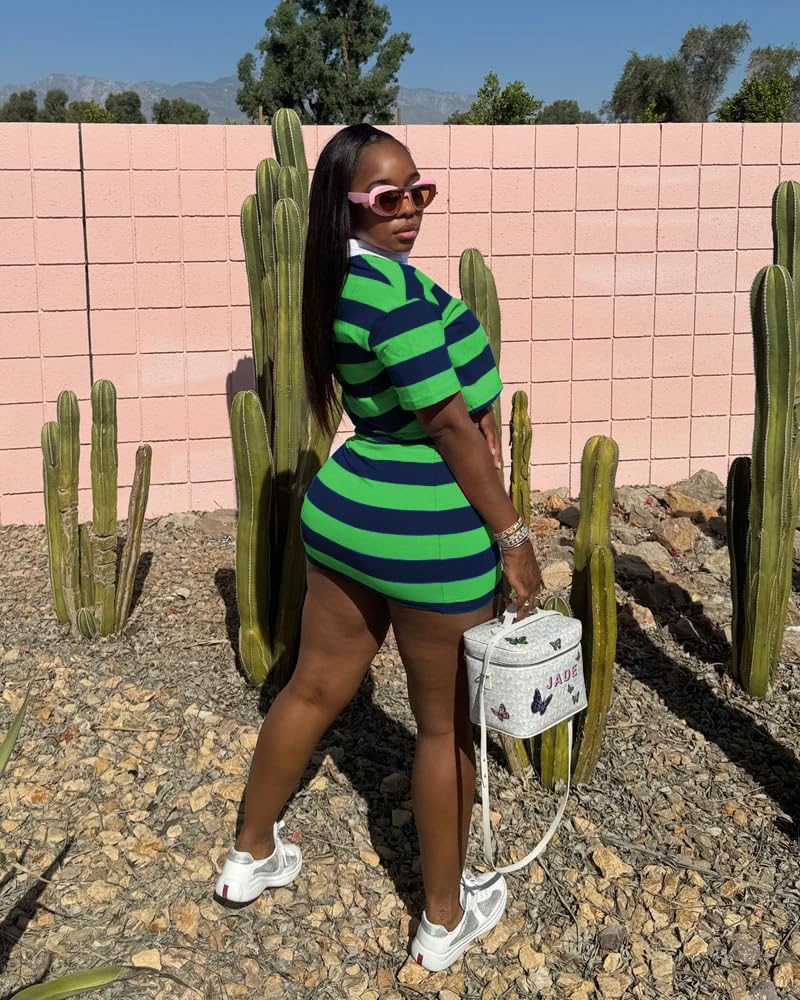 HBQ Women's Casual Two Piece Skirt Sets Polo Collar Crop Top Striped Mini Dress Summer Vacation-Stripe