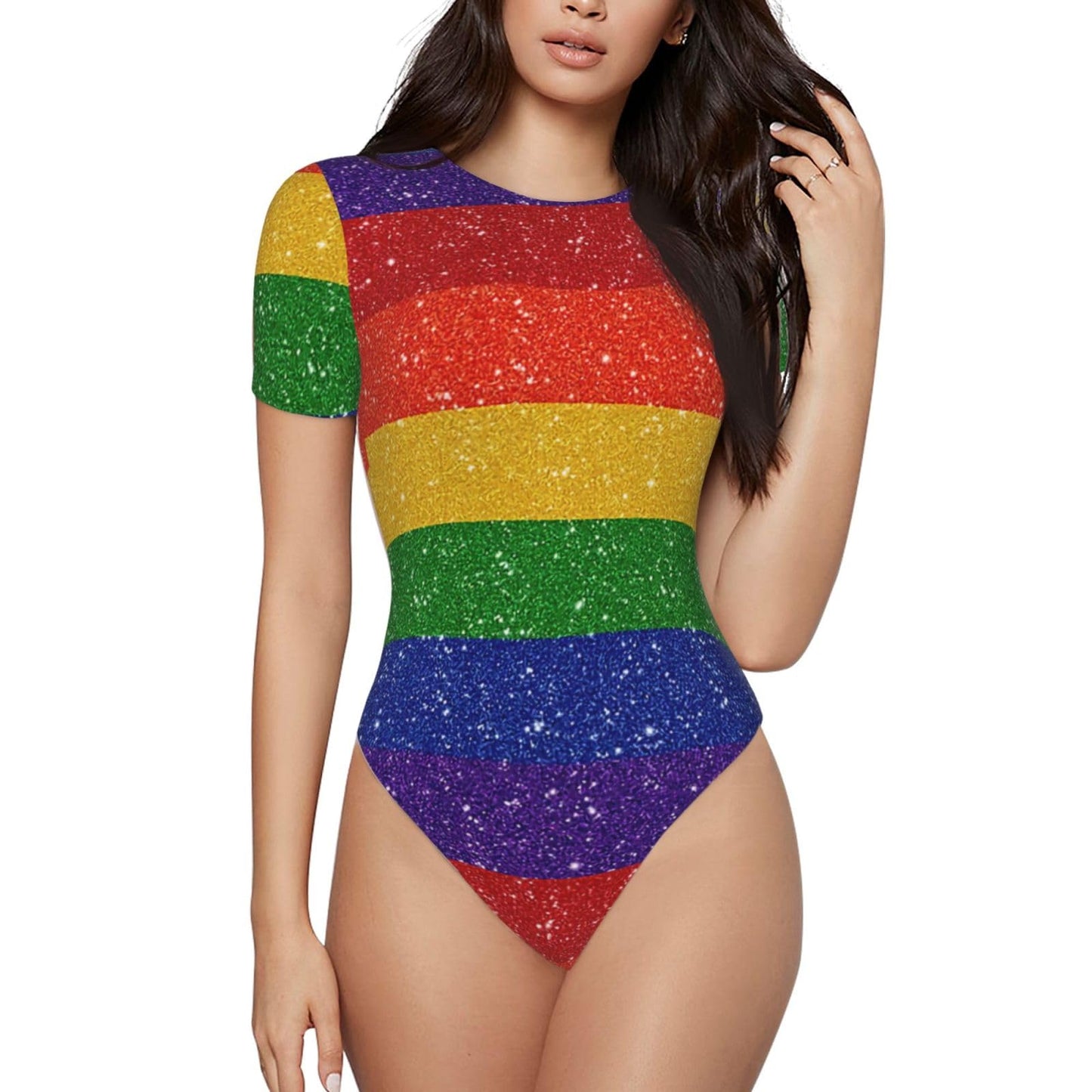 Serape Rainbow Stripes Mexican Pattern Women’s Short Sleeve Bodysuit Round Neck Onesie Stretchy One-Piece Jumpsuit