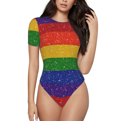 Serape Rainbow Stripes Mexican Pattern Women’s Short Sleeve Bodysuit Round Neck Onesie Stretchy One-Piece Jumpsuit