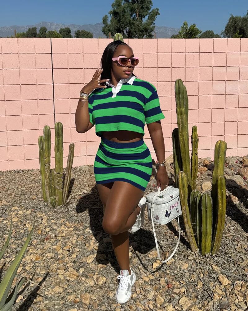 HBQ Women's Casual Two Piece Skirt Sets Polo Collar Crop Top Striped Mini Dress Summer Vacation-Stripe