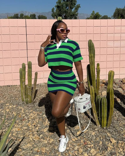 HBQ Women's Casual Two Piece Skirt Sets Polo Collar Crop Top Striped Mini Dress Summer Vacation-Stripe