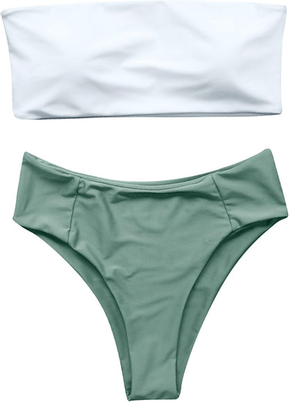 OMKAGI Women Bandeau Bikini Swimsuits Cheeky Off Shoulder Bathing Suit