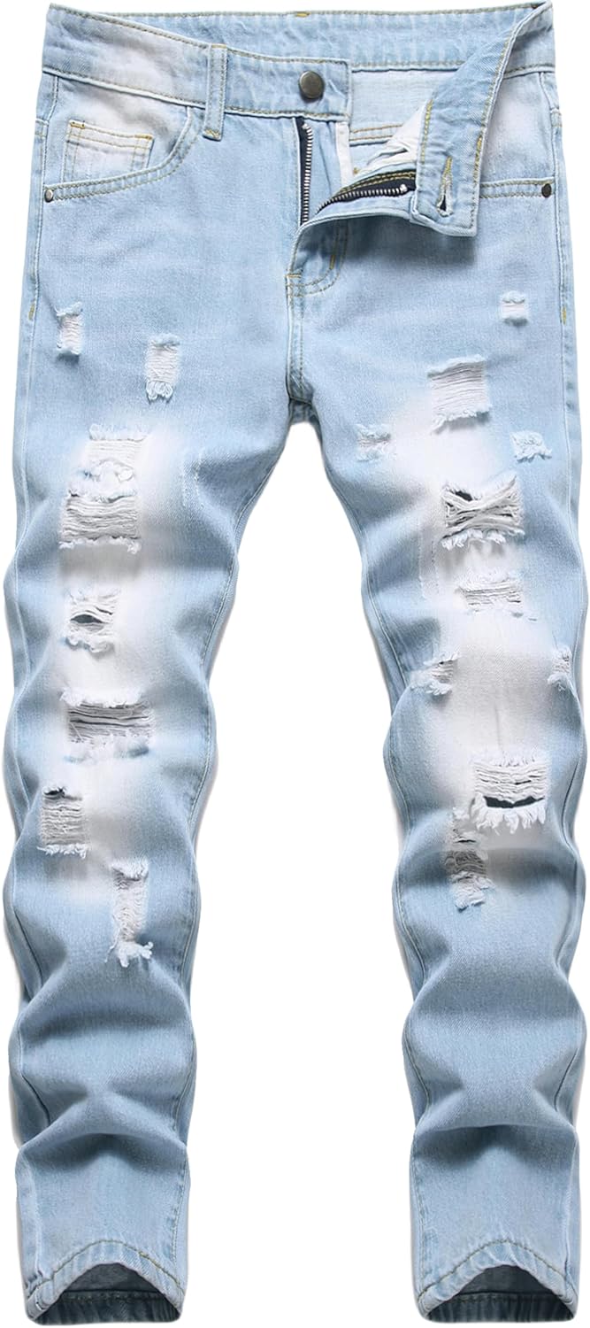 Boy's Skinny Fit Ripped Destroyed Distressed Stretch Slim Jeans Pants