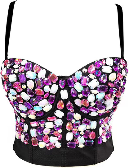 Women's Handmade Rhinestone Diamond Push up Bustier Crop Top Punk Corset Bra Vest