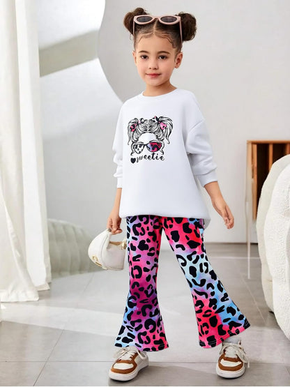 Toddler Girl Clothes Long Sleeve Cartoon & Letter Graphic Top + Fruit Stationery Print Flared Leg Pants