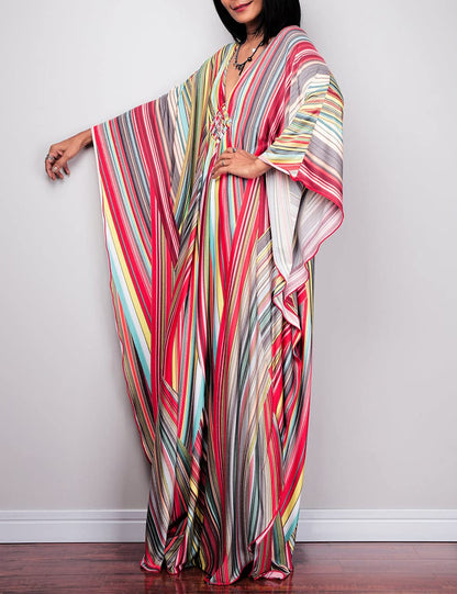 Bsubseach Women Ethnic Print Kaftan Beach Dress Plus Size Swimsuit Cover Up