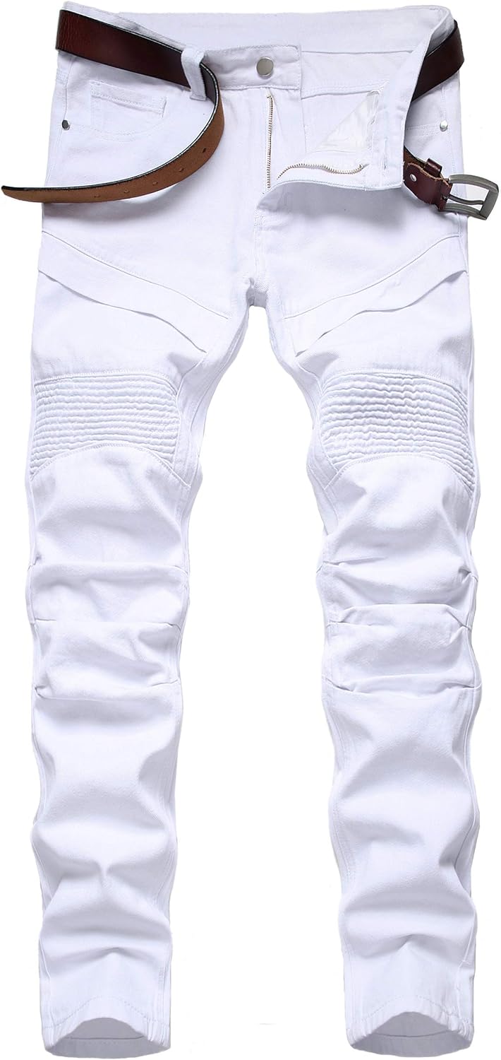 Enrica Men's Ripped Straight Slim Moto Biker Jeans