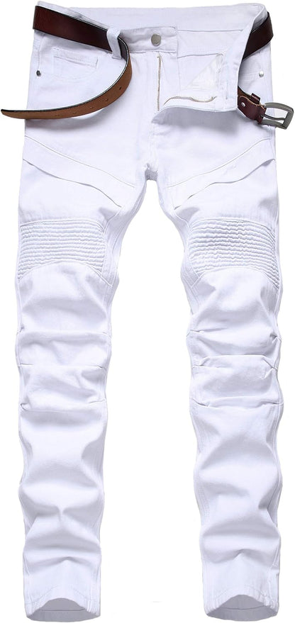 Enrica Men's Ripped Straight Slim Moto Biker Jeans