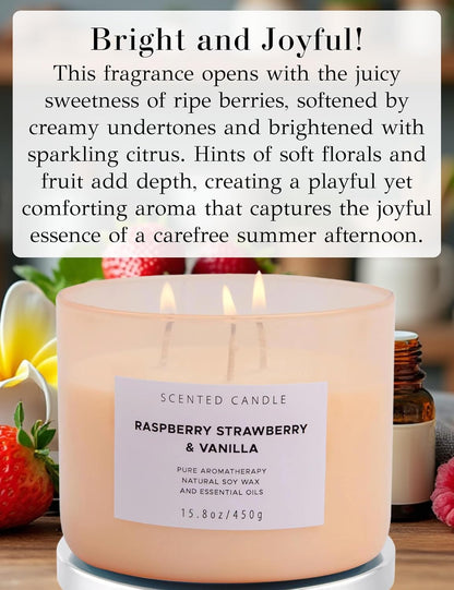 Raspberry Strawberry Vanilla 3 Wick Scented Candle | Large Soy Candles for Home 15.8 oz | Long Lasting Aromatherapy Candle Gift | Refreshing Berry Scented Candles | Relaxing Candle for Women & Men