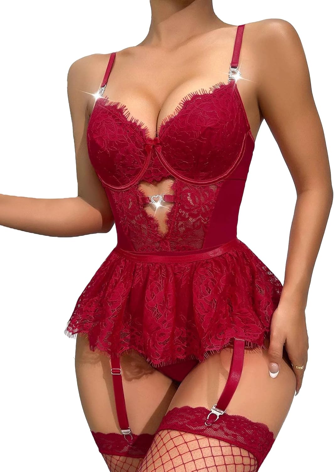 Women Lingerie Set Naughty Lace Bodysuit High Waisted Underwire Lingerie Babydoll With Garter Belt and Stockings