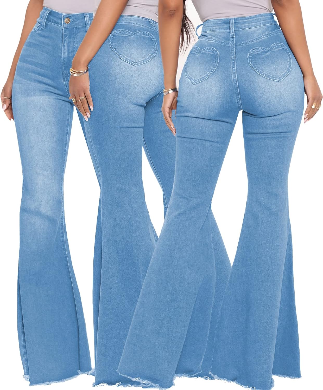 Women's Bell Bottom Jeans Classic Destoryed Ripped Flare Jeans Elastic Waist Raw Hem Denim Pants