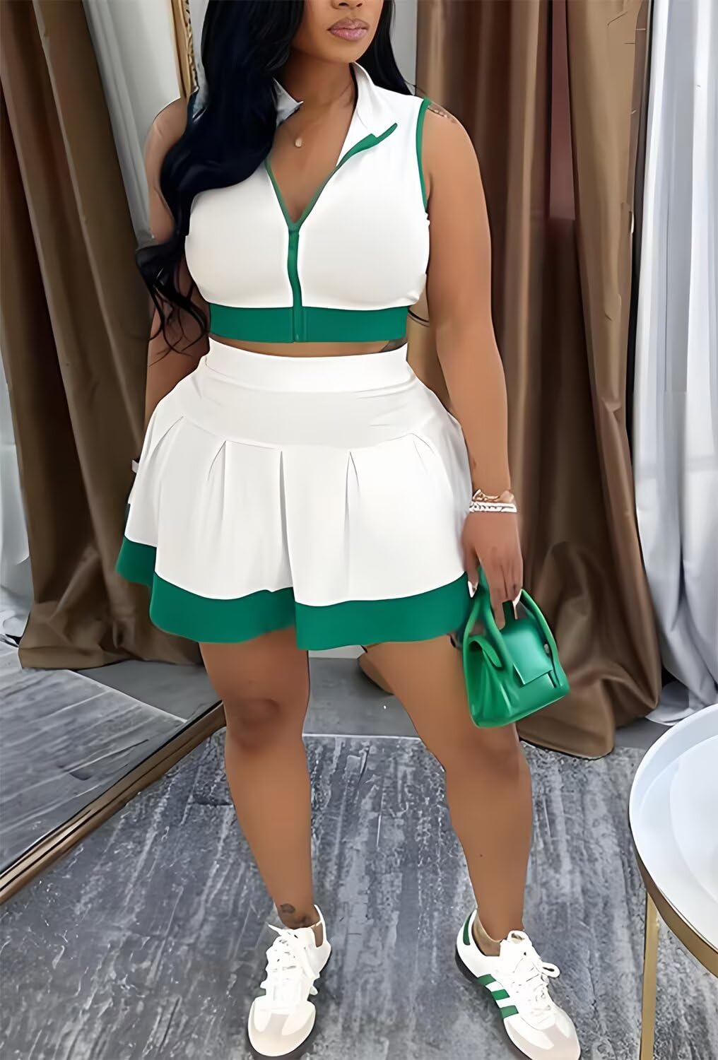 Tennis Outfit Skirt Sets Women 2 Piece Outfits Zipper V Neck Crop Tops and Pleated Skirt Set Summer Tracksuits