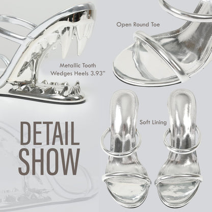 Goiphrri Wedge Sandals for Women Strappy Heels Round Open Toe Heels Metallic Shark Tiger Teeth heeled Sandals Flip Flops Thong Womens Mules Slip on Party Dress Wedding Ceremony